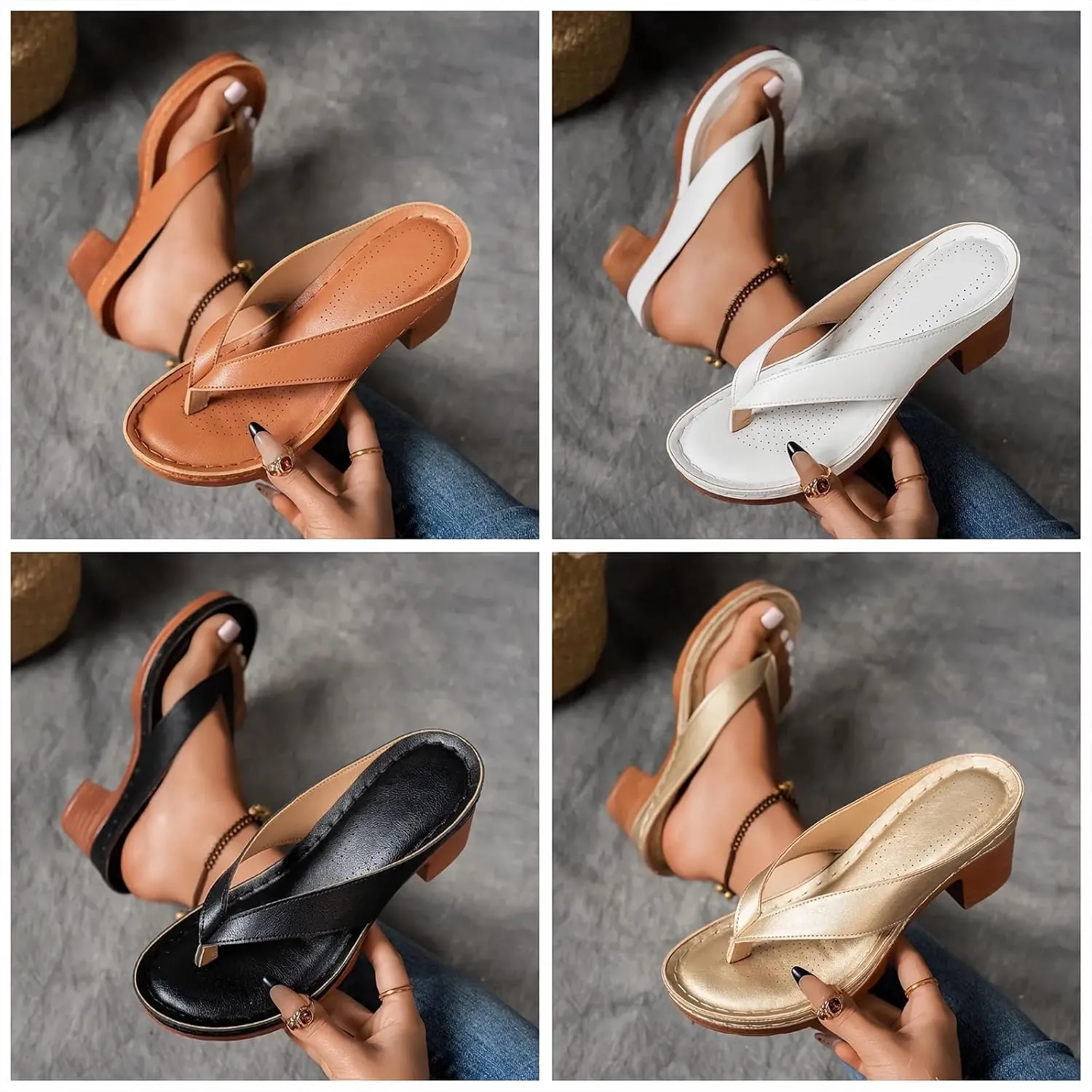 Women's Solid Color Summer Chunky Heel Sandals Slip On Open Toe Square Toe Comfortable Heeled Sandals Mules Wedges Heels For Women Long Walk Casual Shoes Dressy