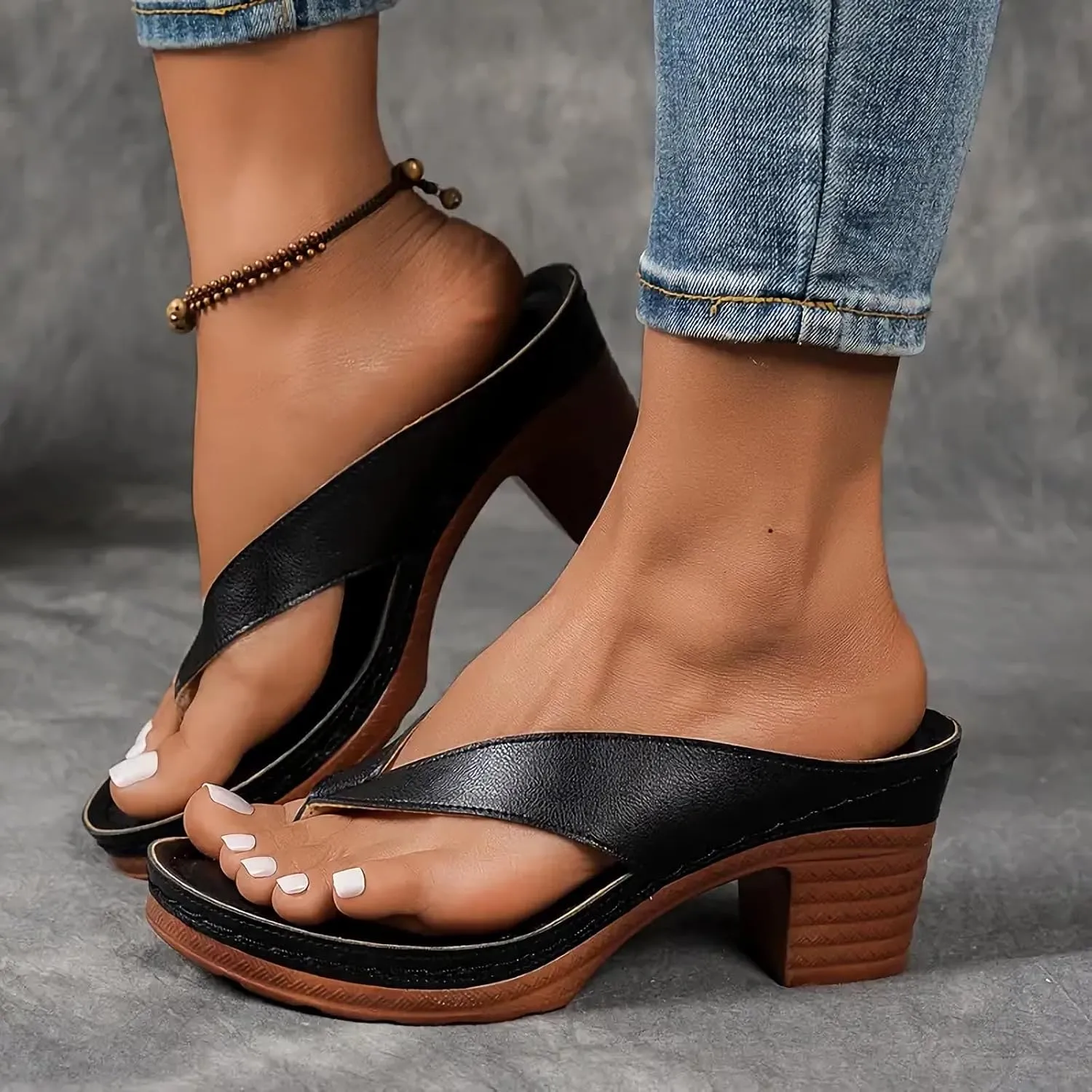 Women's Solid Color Summer Chunky Heel Sandals Slip On Open Toe Square Toe Comfortable Heeled Sandals Mules Wedges Heels For Women Long Walk Casual Shoes Dressy