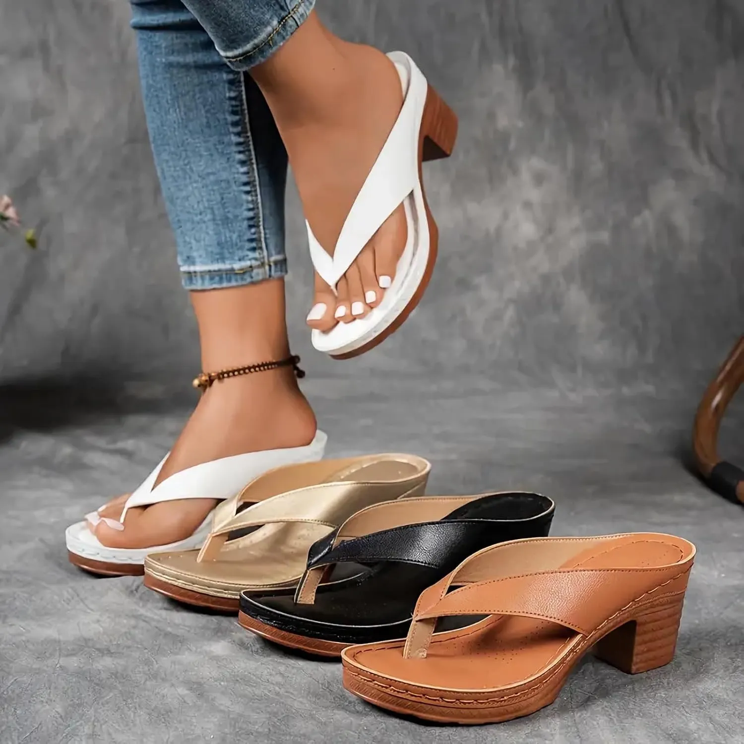 Women's Solid Color Summer Chunky Heel Sandals Slip On Open Toe Square Toe Comfortable Heeled Sandals Mules Wedges Heels For Women Long Walk Casual Shoes Dressy