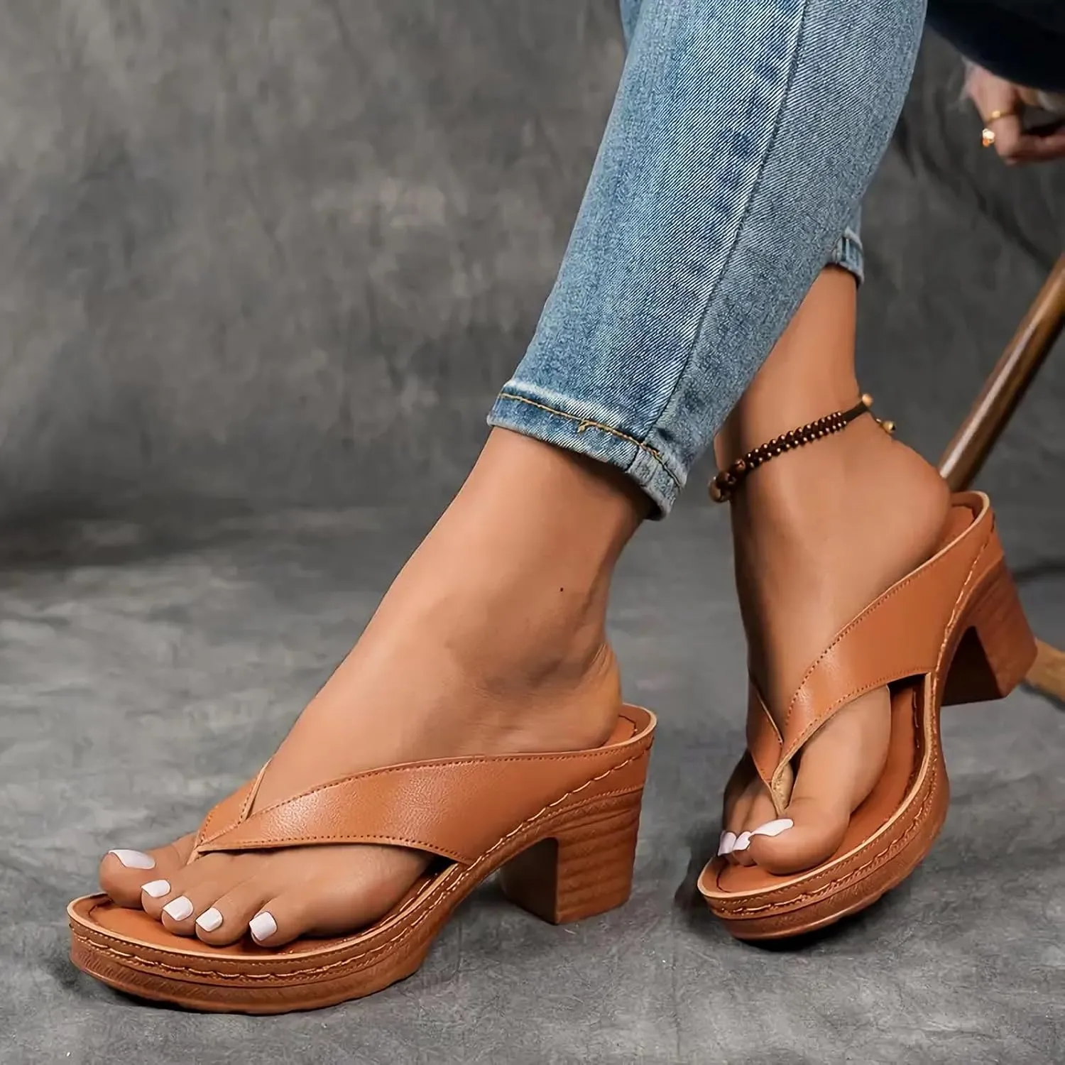 Women's Solid Color Summer Chunky Heel Sandals Slip On Open Toe Square Toe Comfortable Heeled Sandals Mules Wedges Heels For Women Long Walk Casual Shoes Dressy