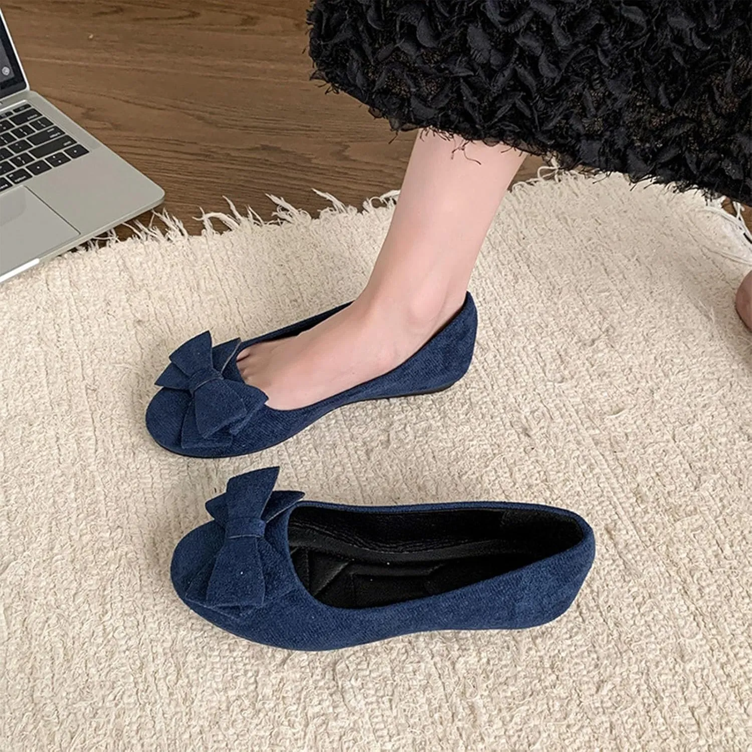 Womens Suede Ballet Flats Fashion Bowknot Flat Ballerine Shoes Classic Round Toe Comfort Slip-On Dress Ladies Shoes