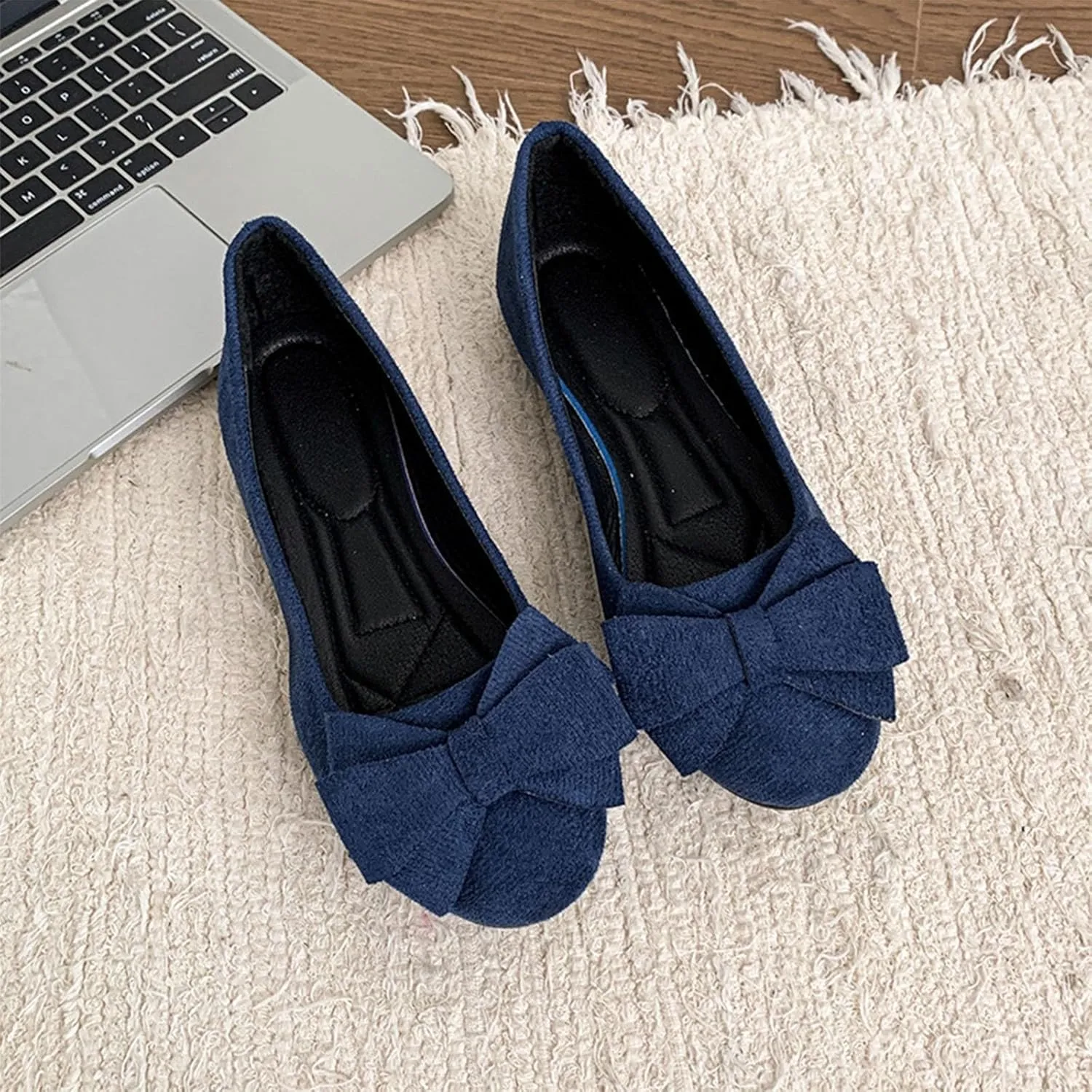 Womens Suede Ballet Flats Fashion Bowknot Flat Ballerine Shoes Classic Round Toe Comfort Slip-On Dress Ladies Shoes