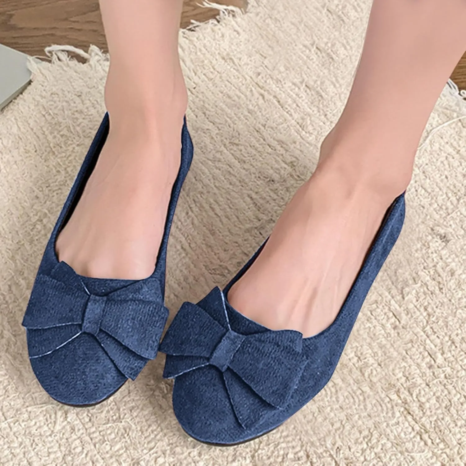 Womens Suede Ballet Flats Fashion Bowknot Flat Ballerine Shoes Classic Round Toe Comfort Slip-On Dress Ladies Shoes