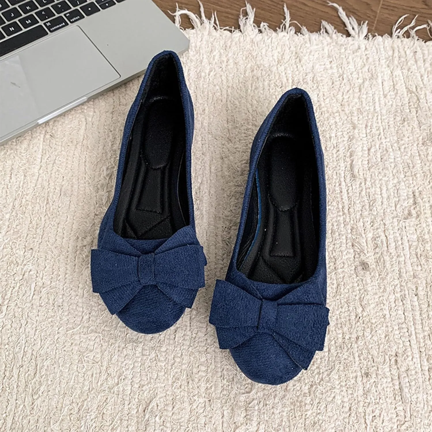 Womens Suede Ballet Flats Fashion Bowknot Flat Ballerine Shoes Classic Round Toe Comfort Slip-On Dress Ladies Shoes