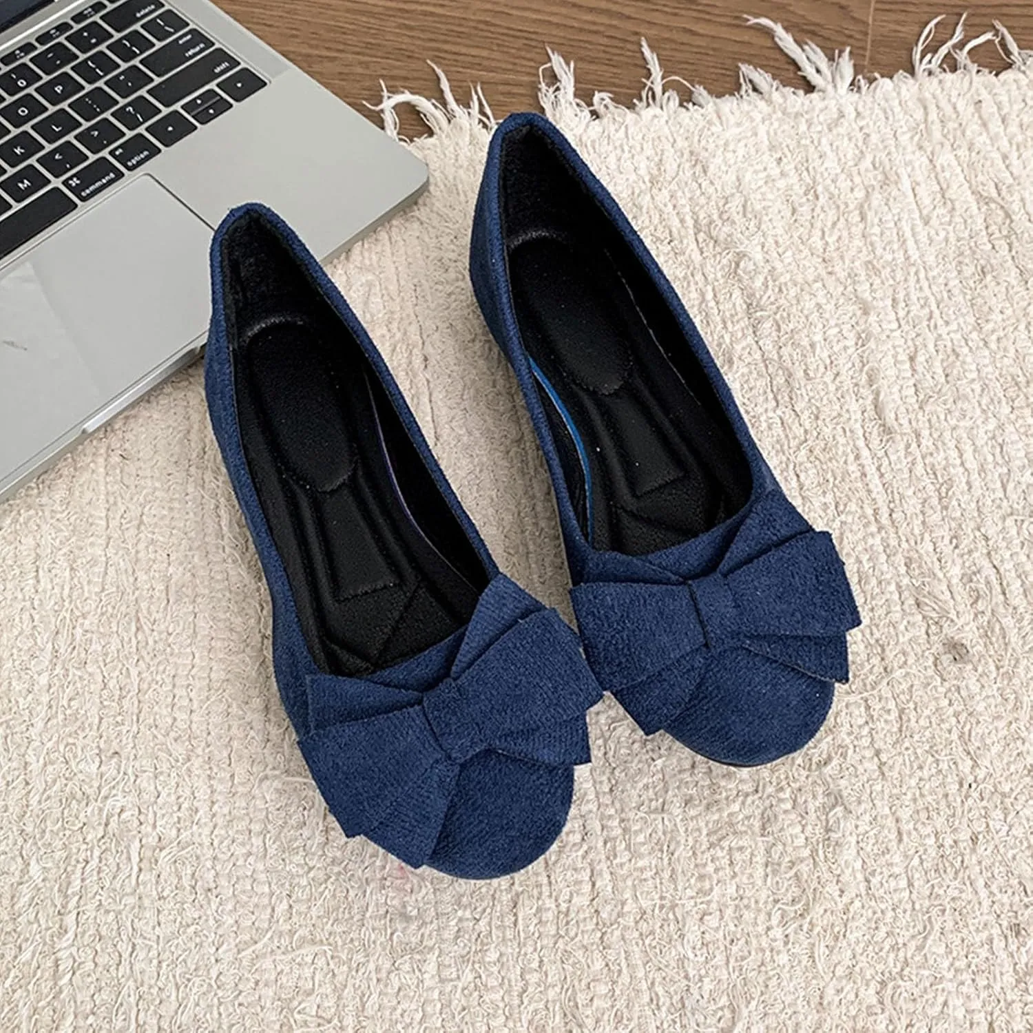 Womens Suede Ballet Flats Fashion Bowknot Flat Ballerine Shoes Classic Round Toe Comfort Slip-On Dress Ladies Shoes