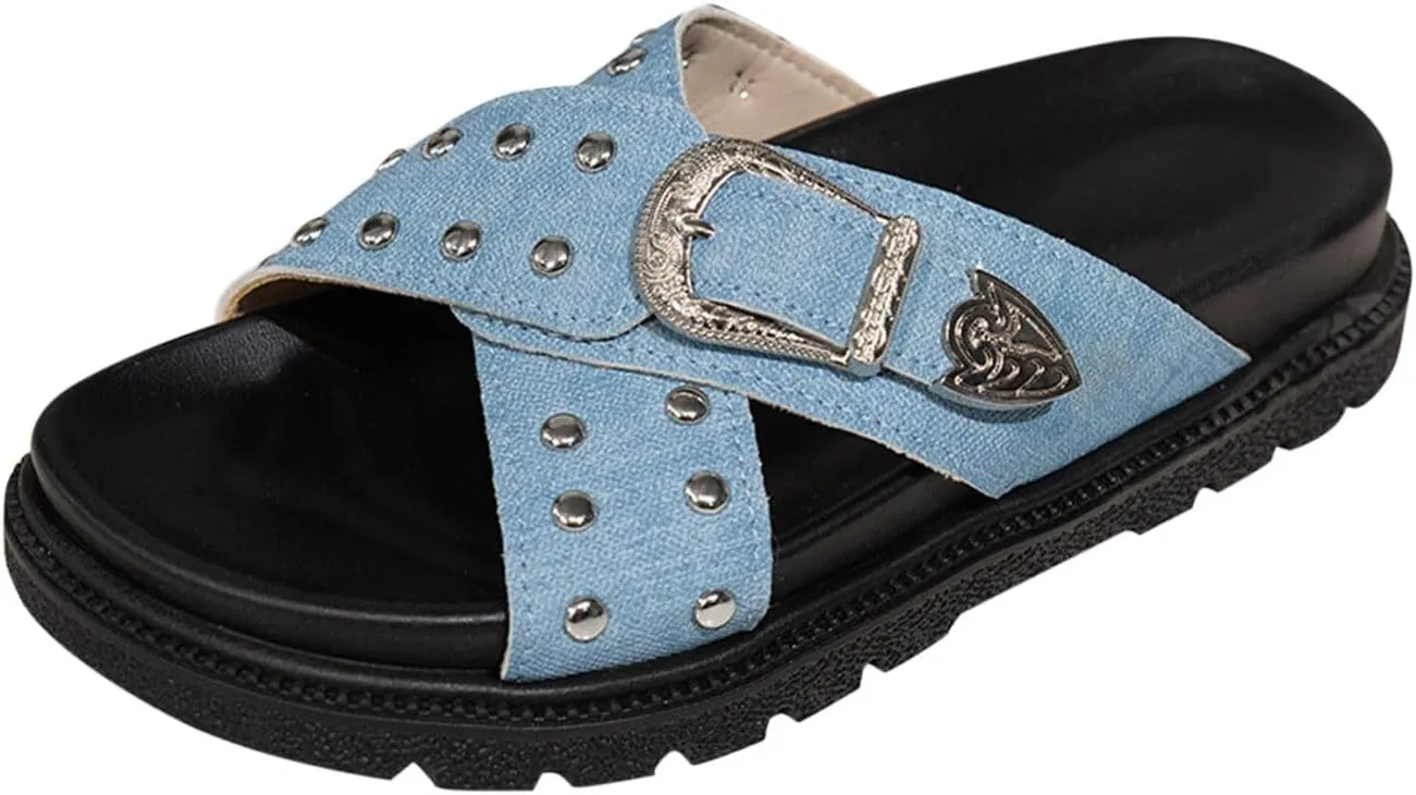 Womens Summer Sandals Platforms Criss Cross Adjustable Buckle Slip On Open Toe Cushion Slides Vacation Beach Slippers