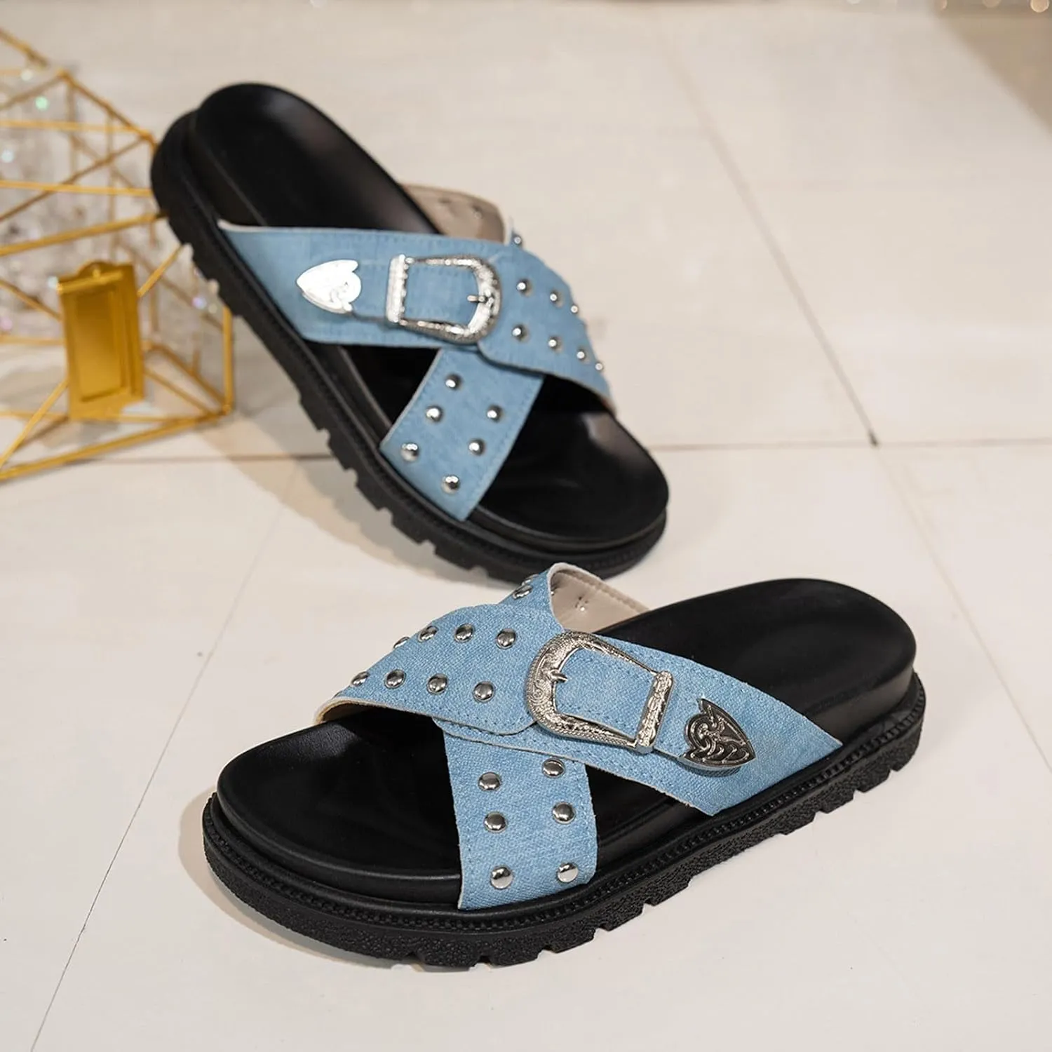 Womens Summer Sandals Platforms Criss Cross Adjustable Buckle Slip On Open Toe Cushion Slides Vacation Beach Slippers