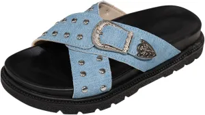 Womens Summer Sandals Platforms Criss Cross Adjustable Buckle Slip On Open Toe Cushion Slides Vacation Beach Slippers