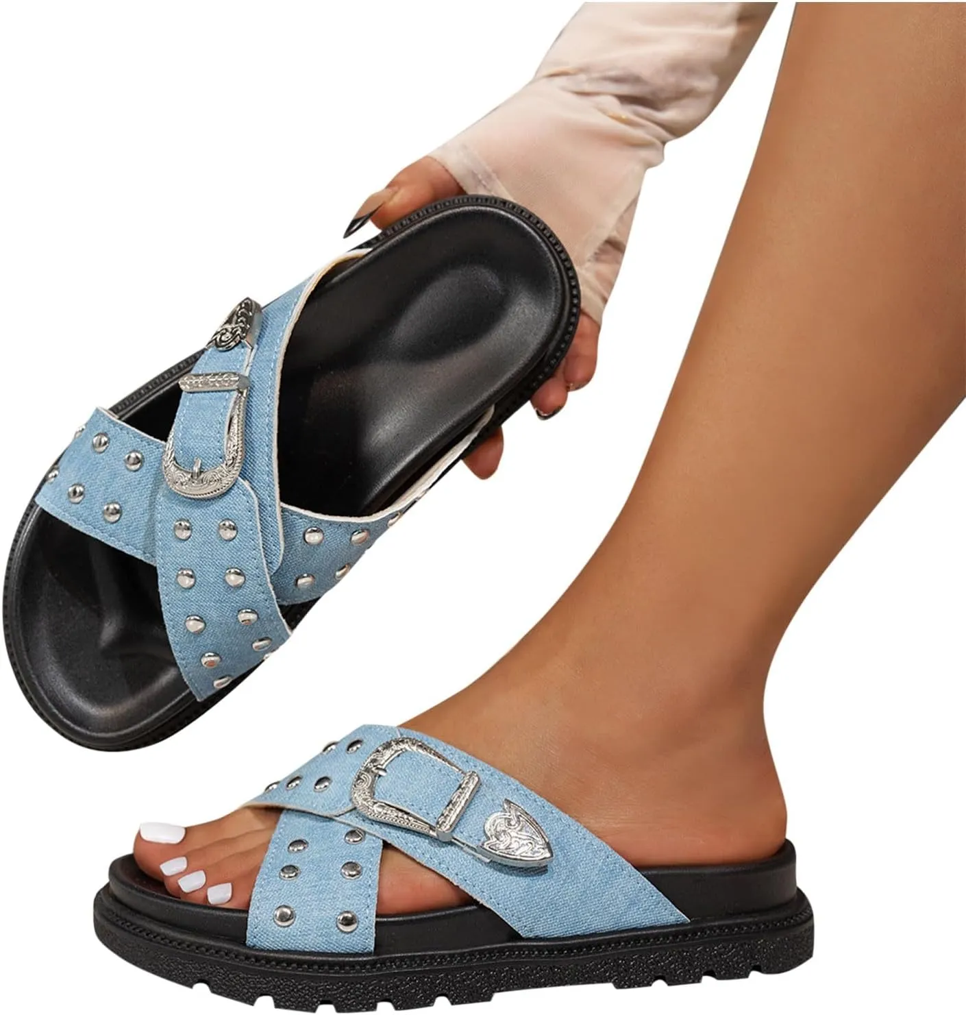 Womens Summer Sandals Platforms Criss Cross Adjustable Buckle Slip On Open Toe Cushion Slides Vacation Beach Slippers