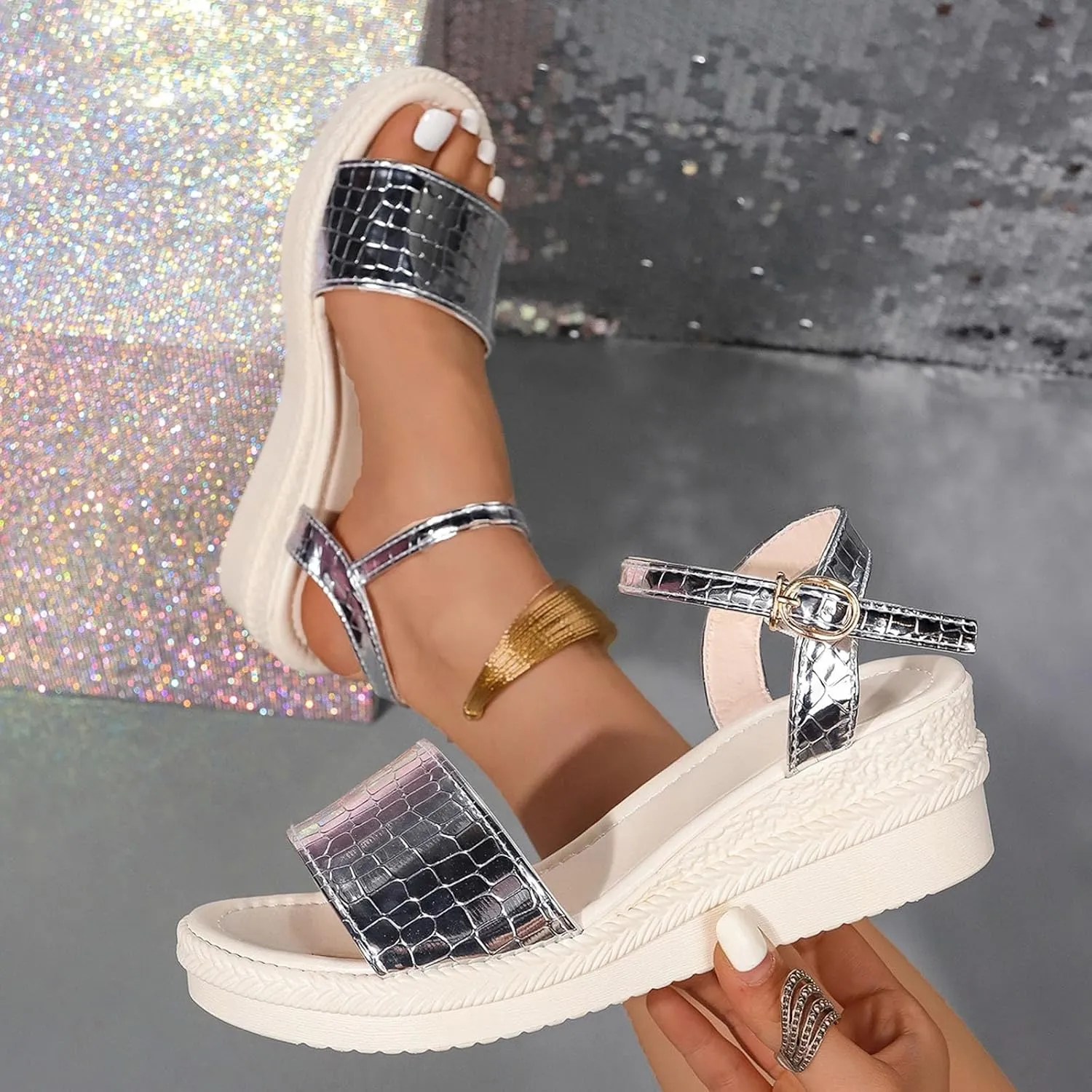 Women's Vacation Wedges Sandals Solid Color Slope Heel Sandals Beach Large Size Party Dress Women Strap