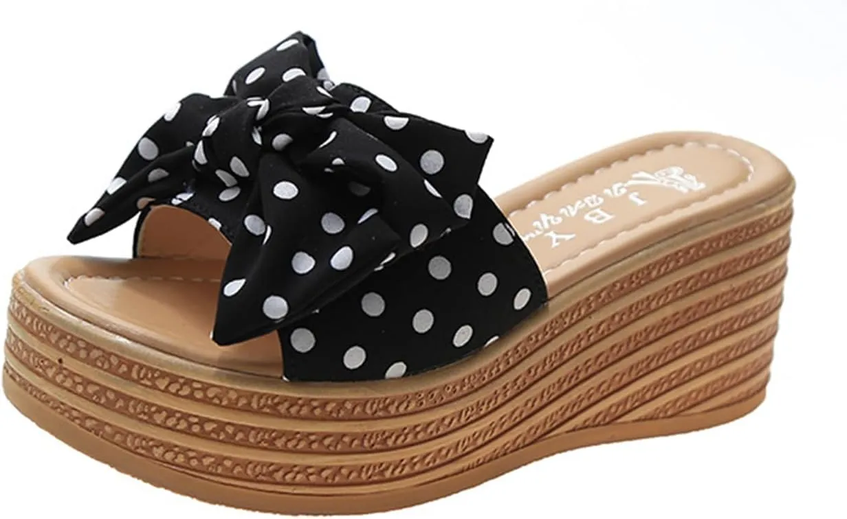 Women's Wedge Platform Sandals Fashion Polka Dot Bow Slippers Summer Slides Beach Vacation Walking Shoes Flat Sandals for Women Casual & Dressy Summer Shoes