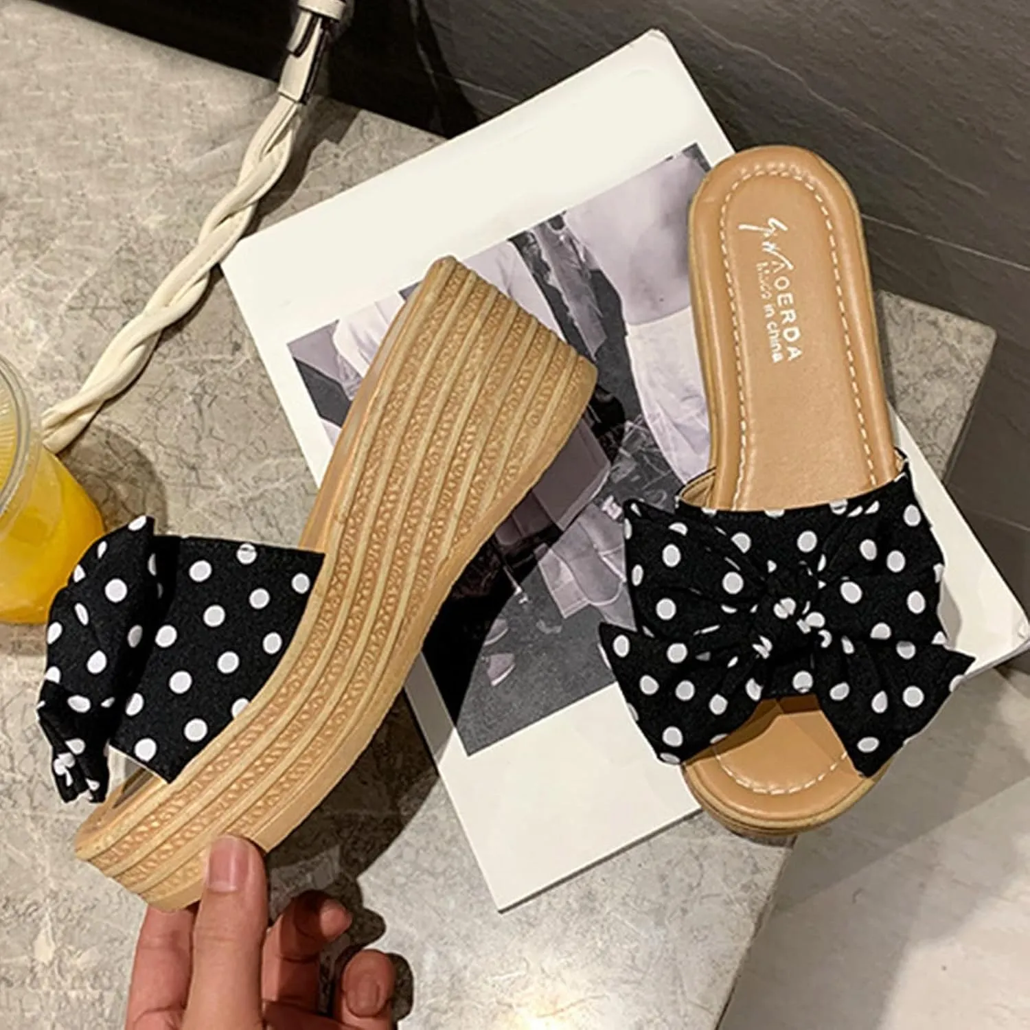Women's Wedge Platform Sandals Fashion Polka Dot Bow Slippers Summer Slides Beach Vacation Walking Shoes Flat Sandals for Women Casual & Dressy Summer Shoes