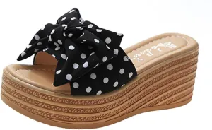 Women's Wedge Platform Sandals Fashion Polka Dot Bow Slippers Summer Slides Beach Vacation Walking Shoes Flat Sandals for Women Casual & Dressy Summer Shoes