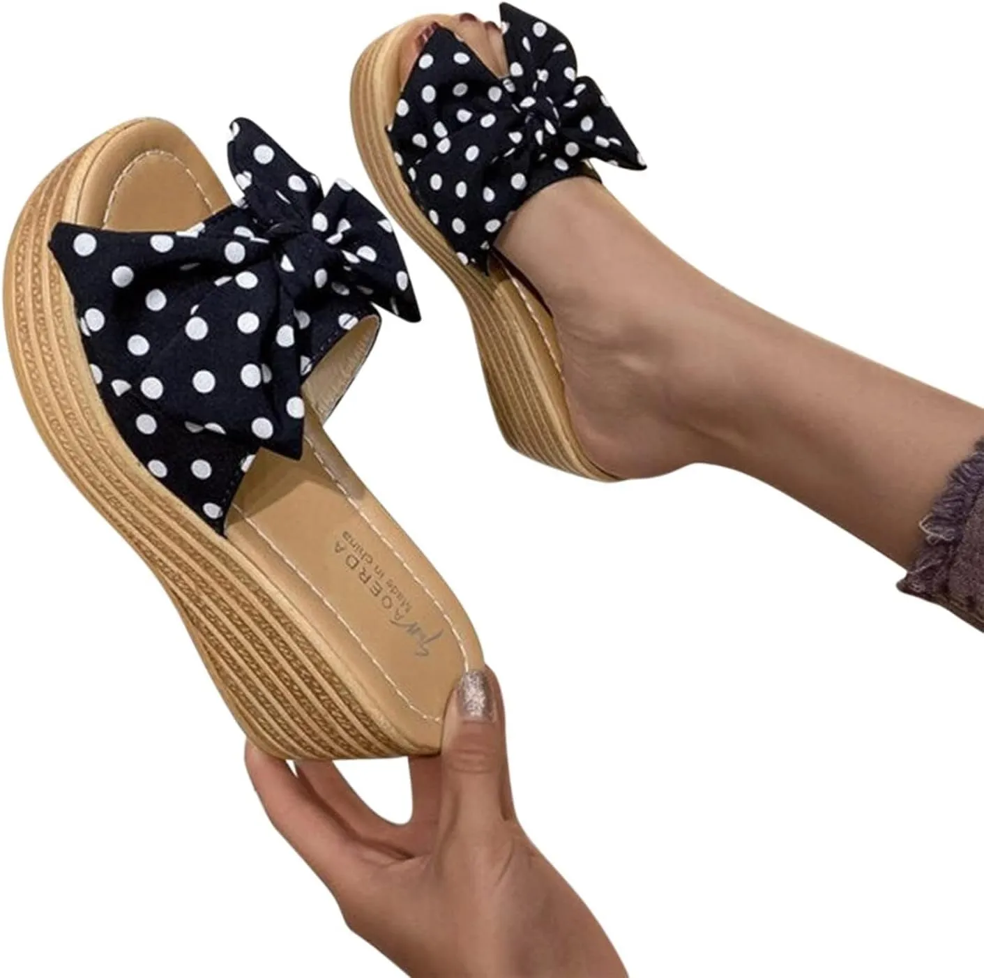 Women's Wedge Platform Sandals Fashion Polka Dot Bow Slippers Summer Slides Beach Vacation Walking Shoes Flat Sandals for Women Casual & Dressy Summer Shoes