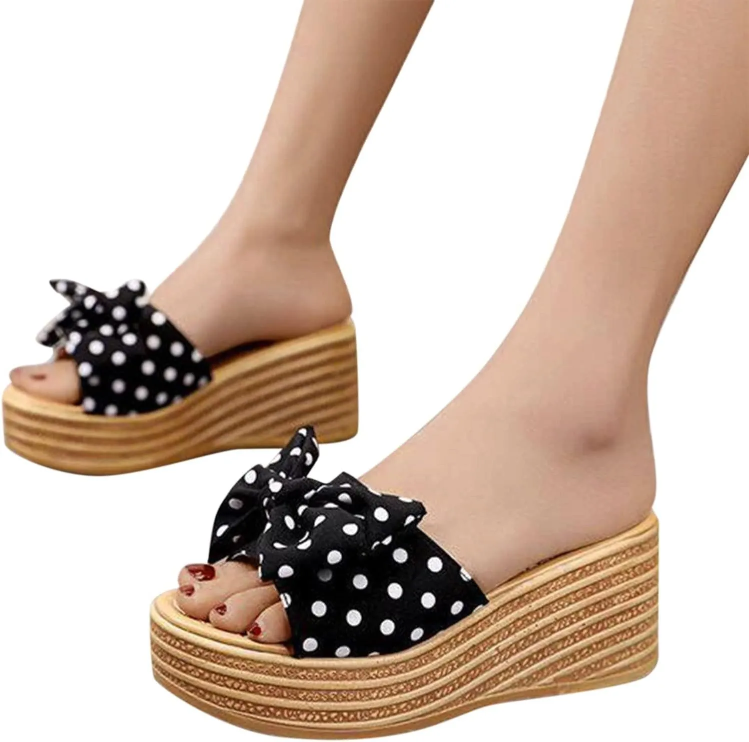 Women's Wedge Platform Sandals Fashion Polka Dot Bow Slippers Summer Slides Beach Vacation Walking Shoes Flat Sandals for Women Casual & Dressy Summer Shoes