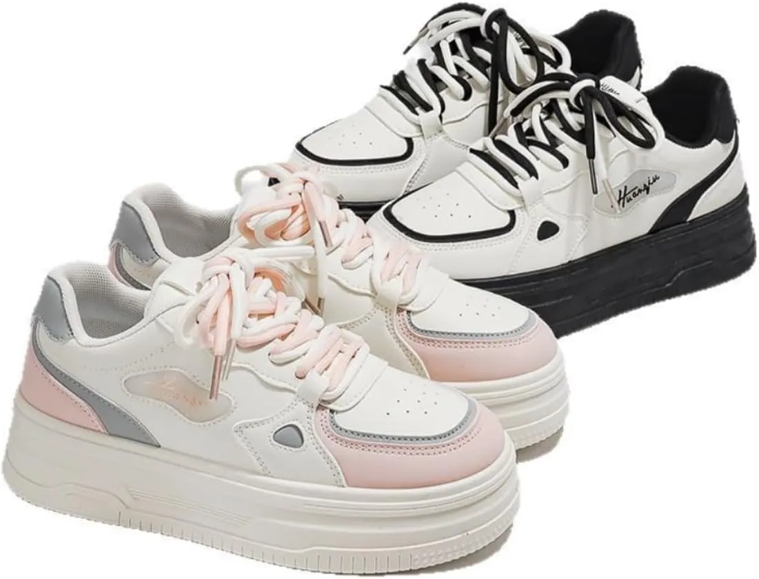 Women's Y2K Retro Style Chunky Skate Shoes with Contrasting Accents Double Shoelace Platform Sneakers - Comfortable Fashion Casual Shoes (Black/White or Pink/White)