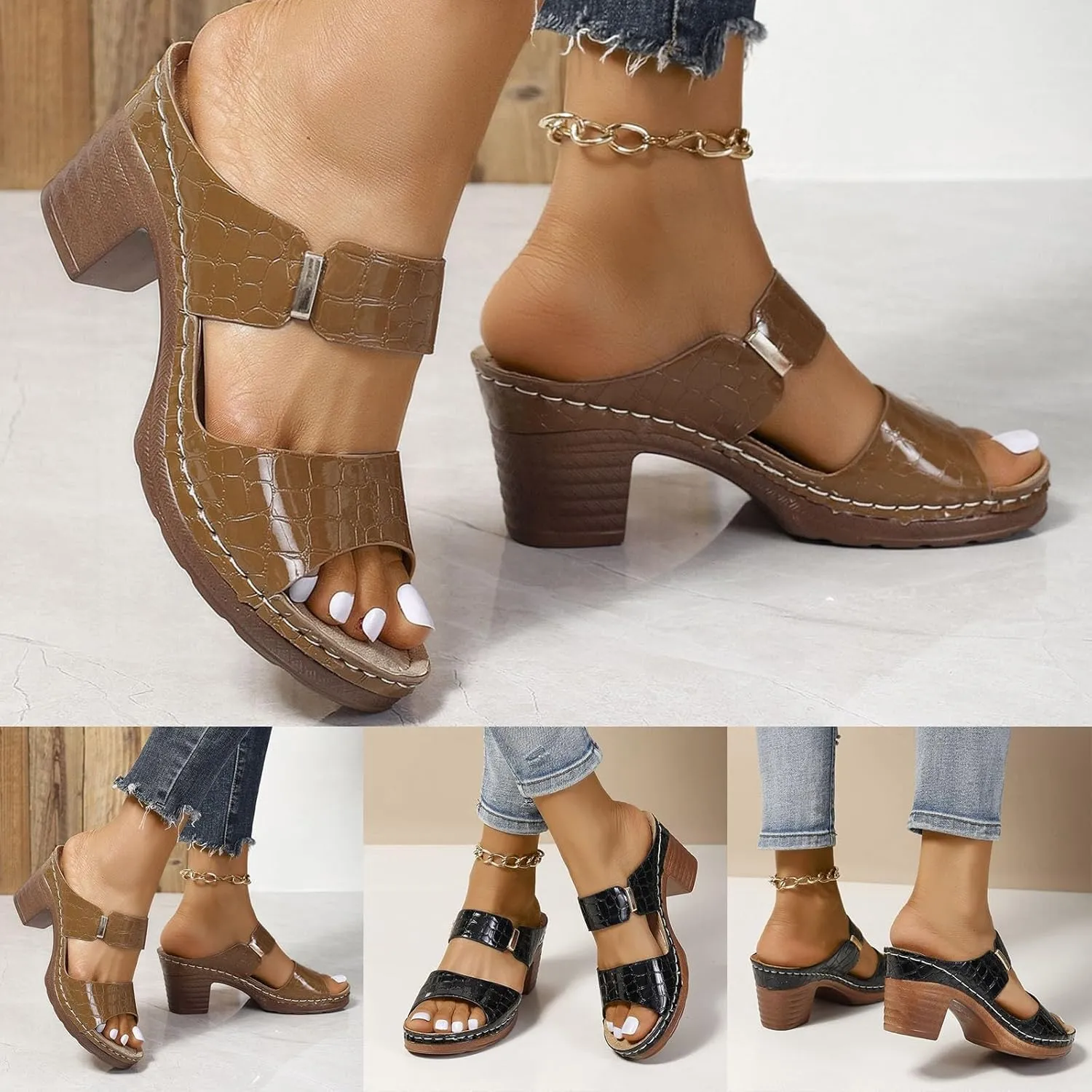 ZSpzx Block Heel Sandals for Women,Comfortable Open Toe Low Chunky Heels Dress Sandal Womens Two Strap Slip On Snakeskin Casual Slippers Summer Backless Mules Slide Walking Shoes For Daily Wear