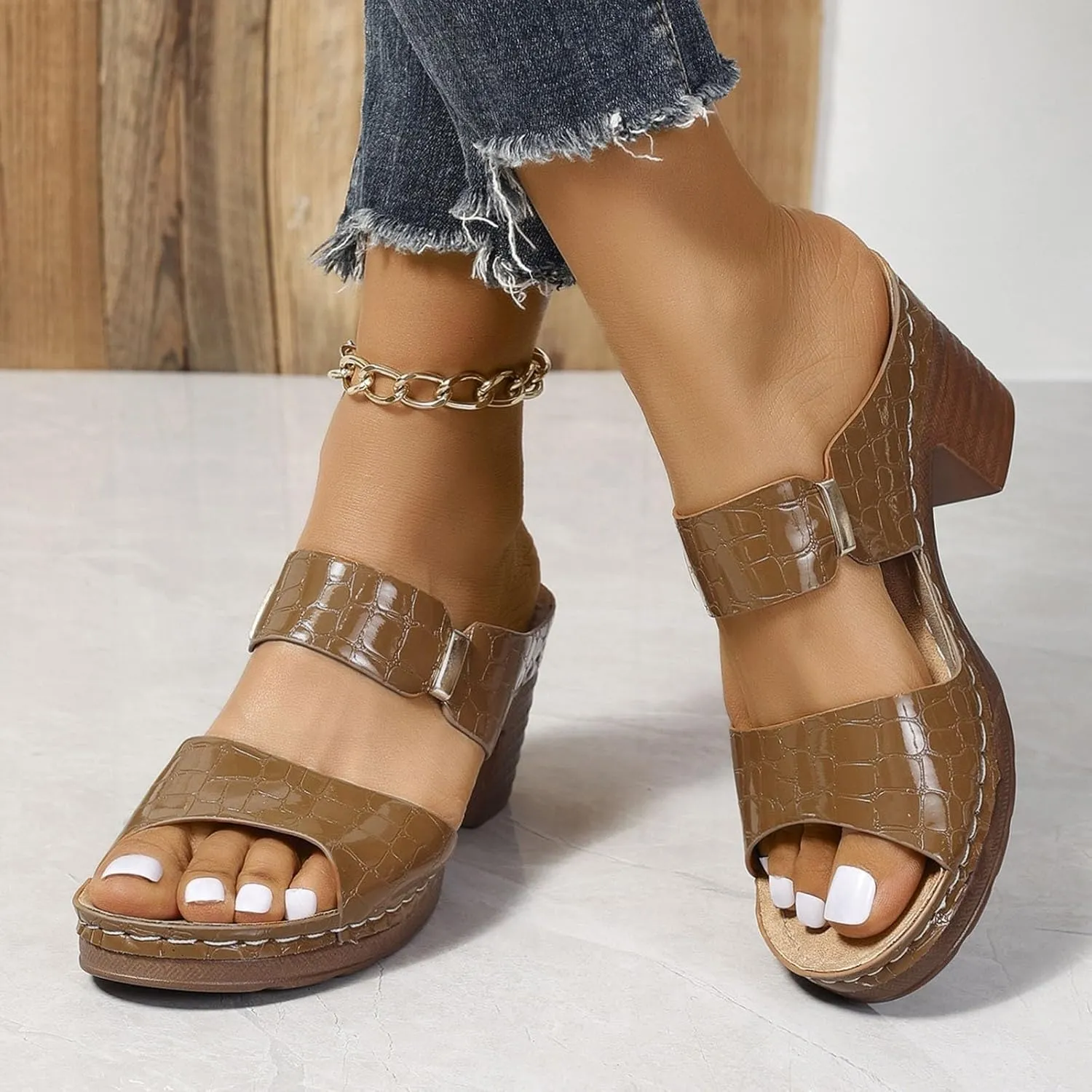 ZSpzx Block Heel Sandals for Women,Comfortable Open Toe Low Chunky Heels Dress Sandal Womens Two Strap Slip On Snakeskin Casual Slippers Summer Backless Mules Slide Walking Shoes For Daily Wear