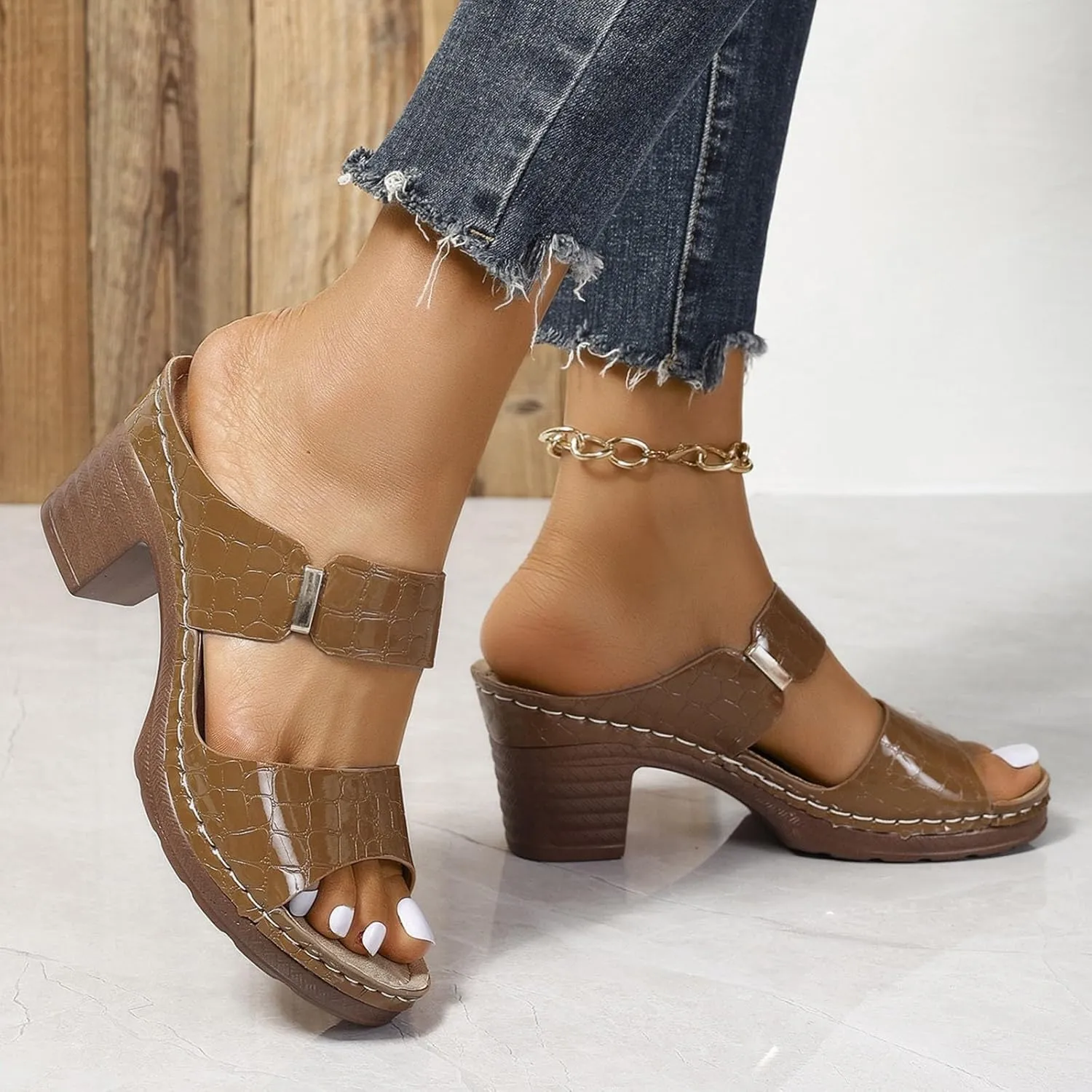 ZSpzx Block Heel Sandals for Women,Comfortable Open Toe Low Chunky Heels Dress Sandal Womens Two Strap Slip On Snakeskin Casual Slippers Summer Backless Mules Slide Walking Shoes For Daily Wear