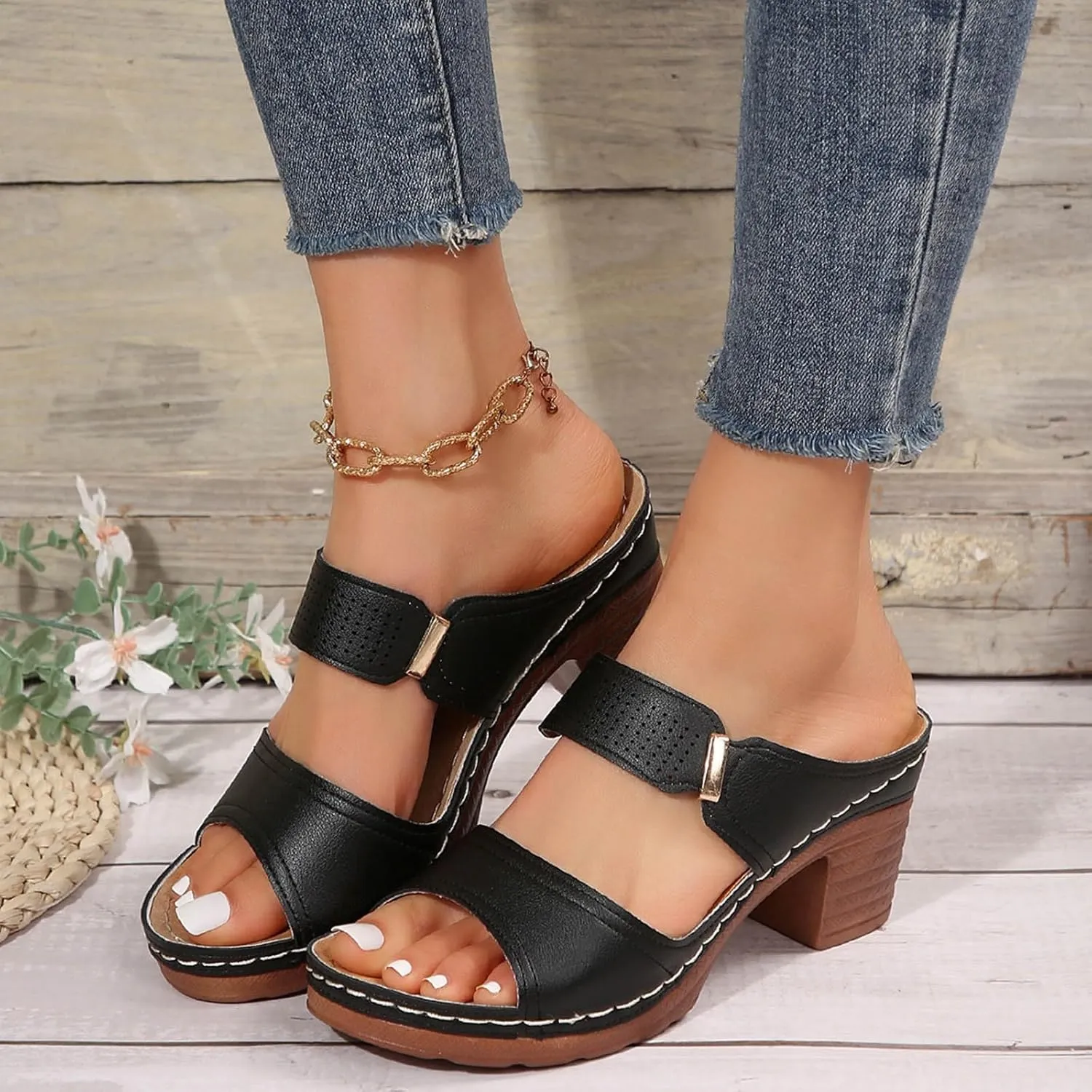 ZSpzx Women's Heeled Sandals Comfortable Chunky Low Heel Two Strap Open Toe Mid Heels Ankle Sandal Backless Mules Slip On Block Womens Summer Slide Wide Width Walking Shoes for Daily Wear