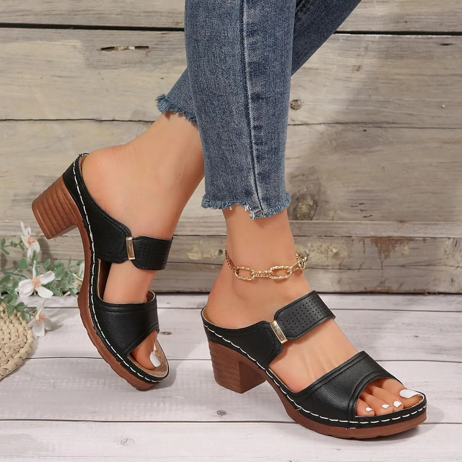 ZSpzx Women's Heeled Sandals Comfortable Chunky Low Heel Two Strap Open Toe Mid Heels Ankle Sandal Backless Mules Slip On Block Womens Summer Slide Wide Width Walking Shoes for Daily Wear