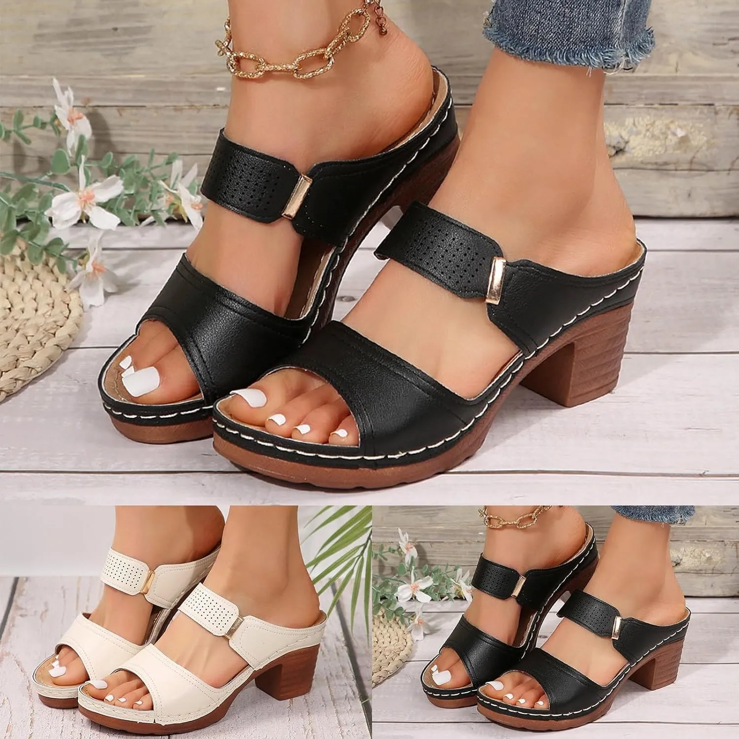 ZSpzx Women's Heeled Sandals Comfortable Chunky Low Heel Two Strap Open Toe Mid Heels Ankle Sandal Backless Mules Slip On Block Womens Summer Slide Wide Width Walking Shoes for Daily Wear