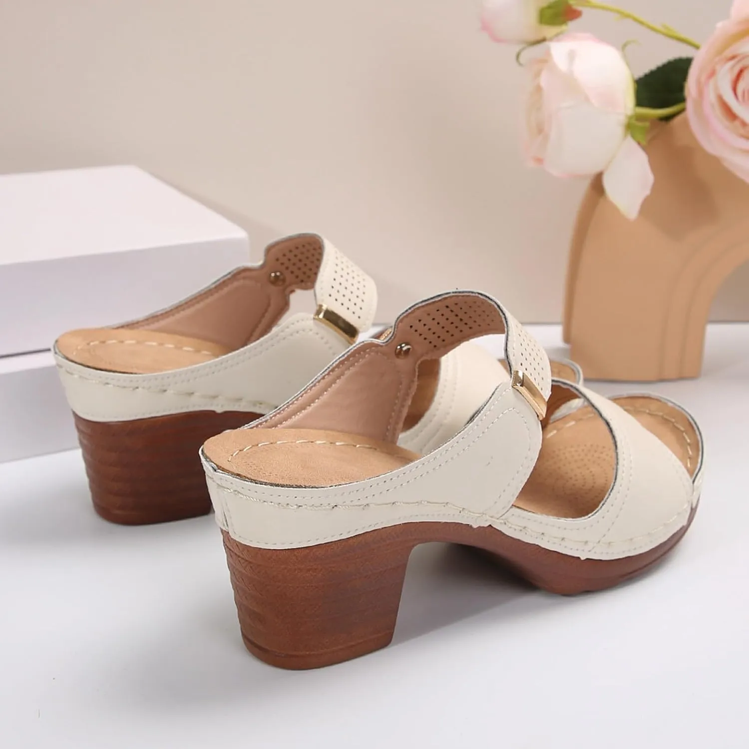 ZSpzx Women's Heeled Sandals Comfortable Chunky Low Heel Two Strap Open Toe Mid Heels Ankle Sandal Backless Mules Slip On Block Womens Summer Slide Wide Width Walking Shoes for Daily Wear