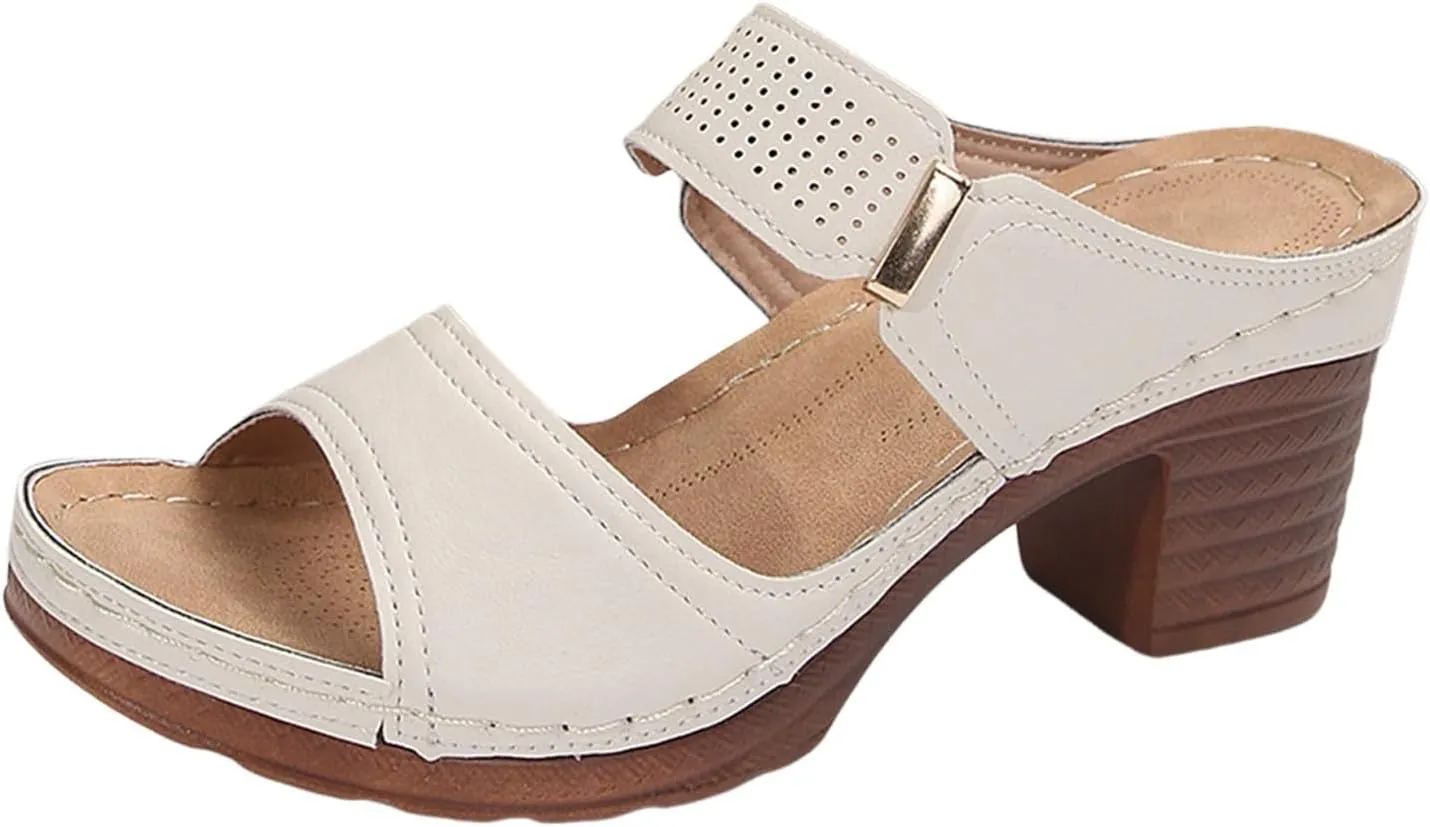 ZSpzx Women's Heeled Sandals Comfortable Chunky Low Heel Two Strap Open Toe Mid Heels Ankle Sandal Backless Mules Slip On Block Womens Summer Slide Wide Width Walking Shoes for Daily Wear